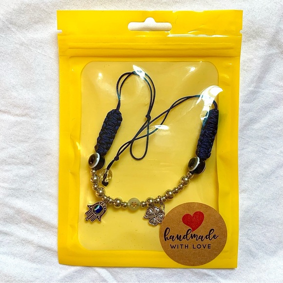 Handmade Blue Choker with Black Evil Eye, 4 leave clover and Hansa Hand - Picture 6 of 6